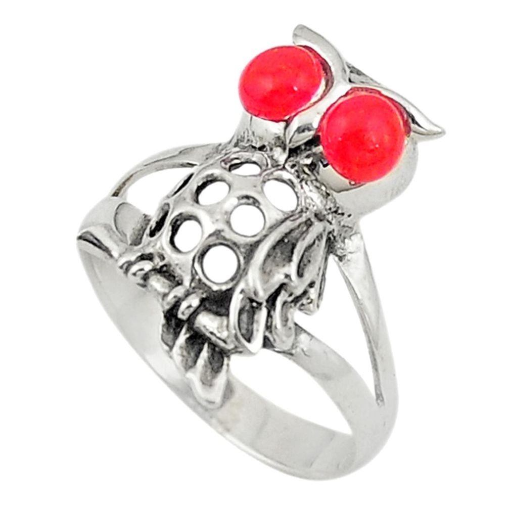Red coral round 925 sterling silver owl ring jewelry size 6.5 c26154