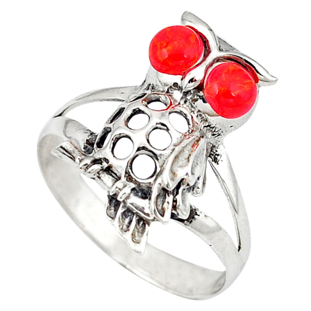 LAB Red coral round 925 sterling silver owl ring jewelry size 8 c12255