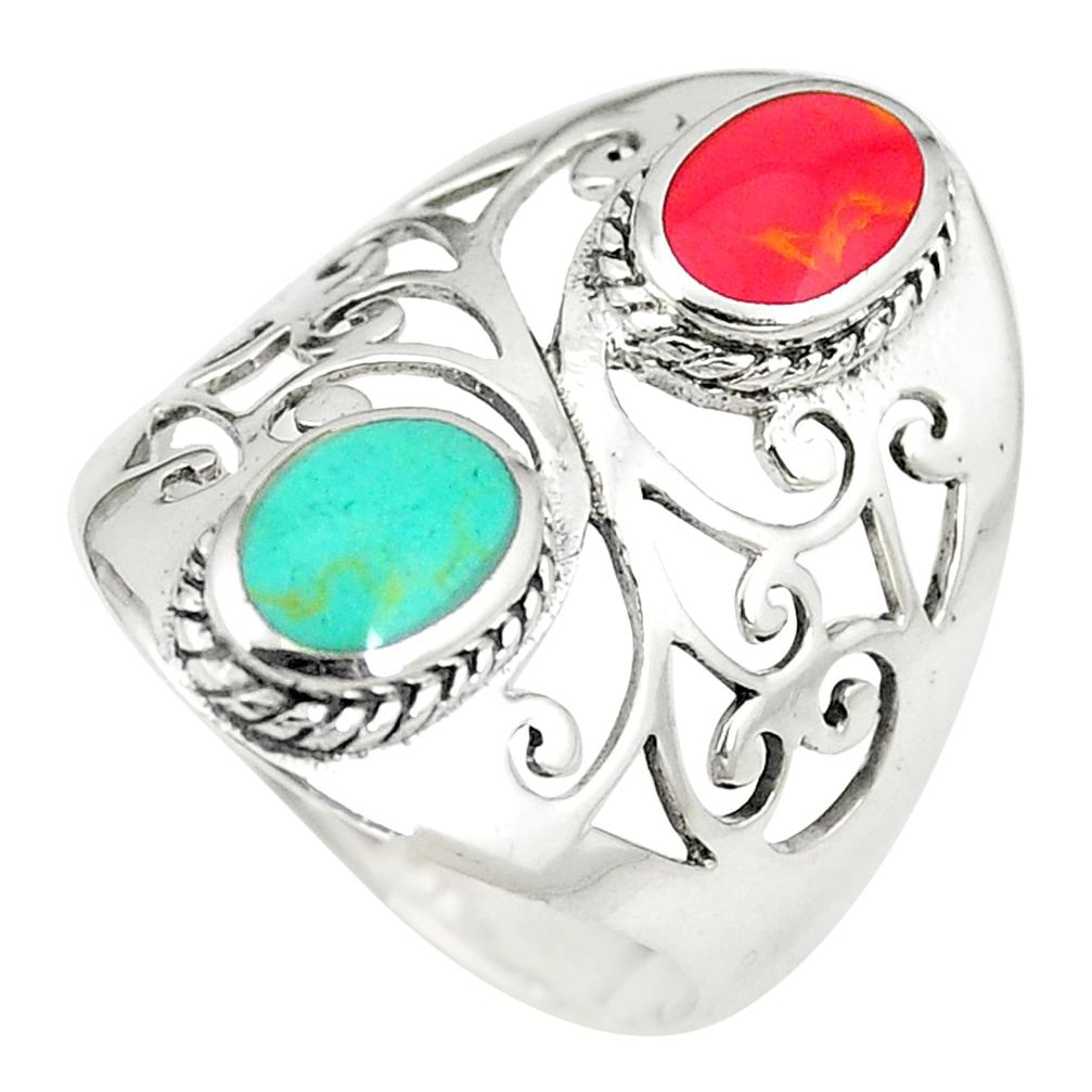 Red coral turquoise 925 sterling silver ring jewelry size 8.5 c12317