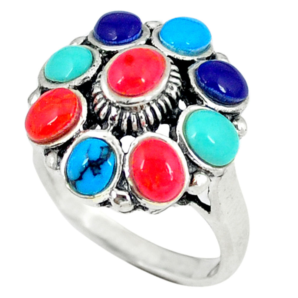 LAB 4.68cts red coral turquoise 925 sterling silver ring jewelry size 6.5 c12434