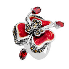 3.07cts red enamel natural red garnet marcasite 925 silver ring size 6 y66266