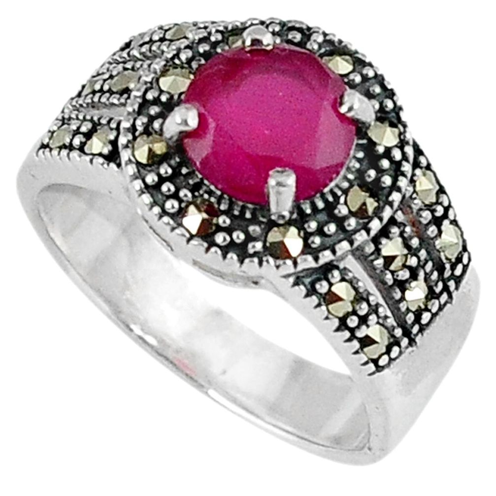 2.36cts red faux ruby marcasite 925 sterling silver ring jewelry size 7 c22971