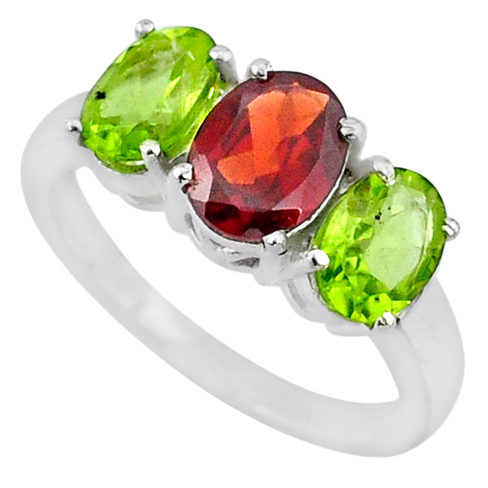 5.54cts red garnet peridot 925 sterling silver 3 stone ring size 7.5 r71297