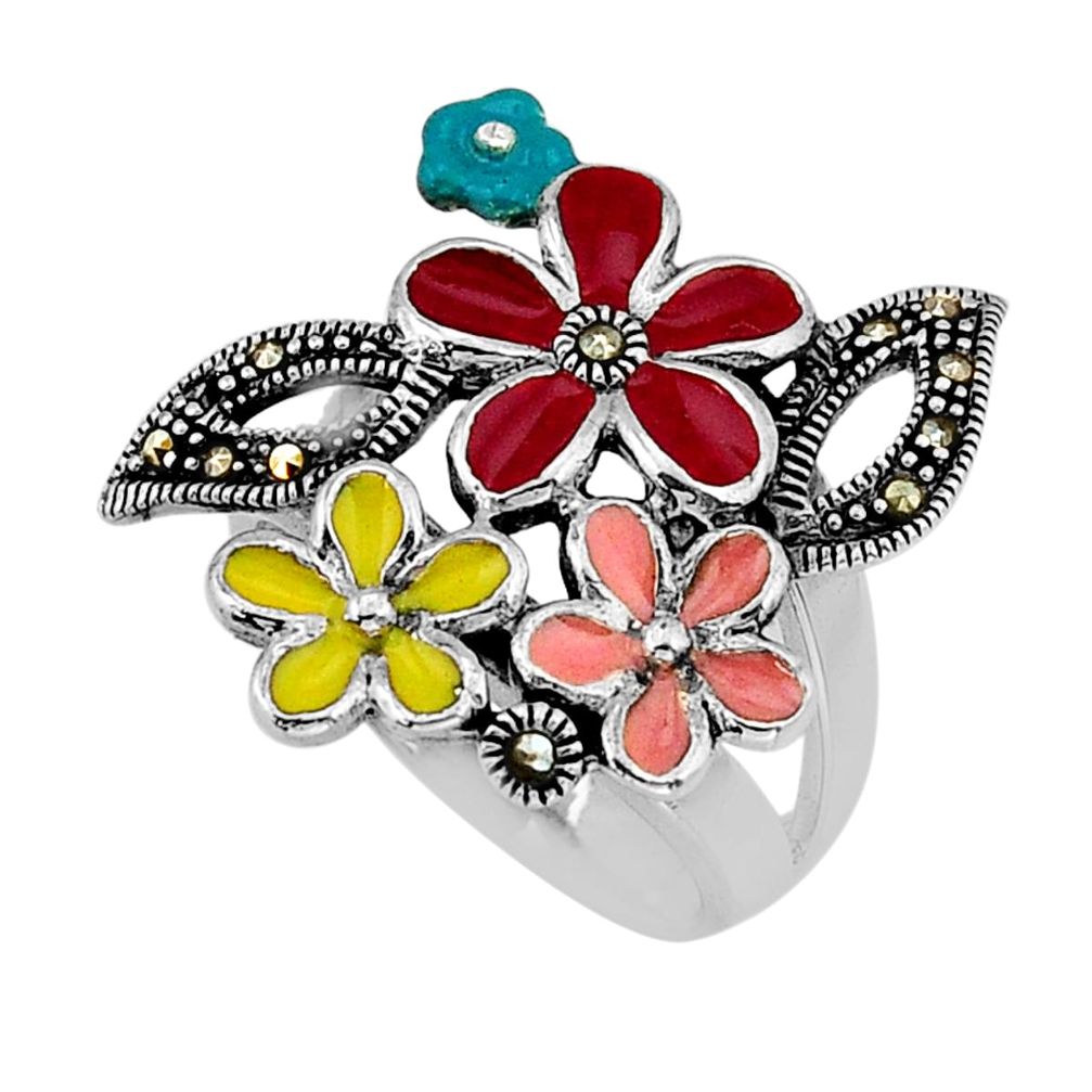 8.43gms red green pink enamel marcasite 925 silver flower ring size 7.5 y66233