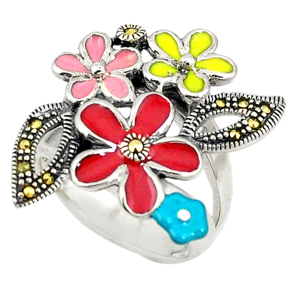 Red marcasite enamel 925 sterling silver flower ring jewelry size 6.5 c15931