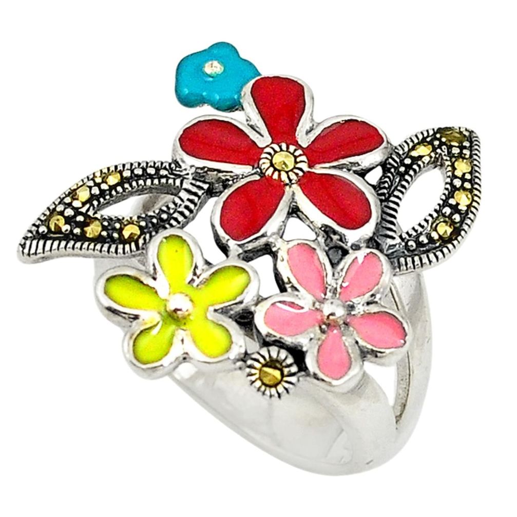Red marcasite enamel 925 sterling silver flower ring jewelry size 7.5 c15927