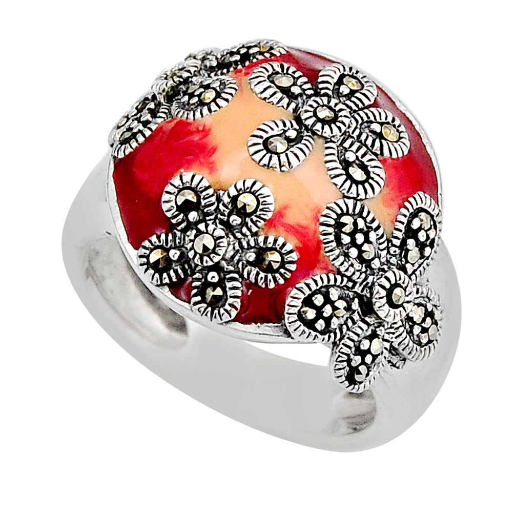 7.02gms red orange enamel marcasite 925 sterling silver ring size 6.5 y83349