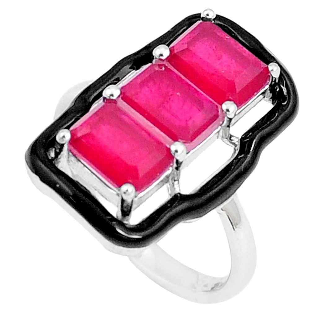 4.74cts red ruby (lab) enamel 925 silver solitaire ring jewelry size 6.5 c23598