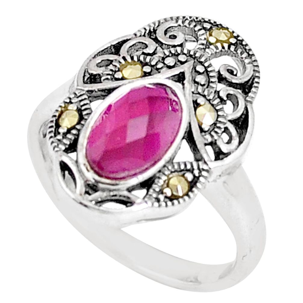 2.41cts red ruby (lab) marcasite 925 sterling silver ring size 5.5 c22972