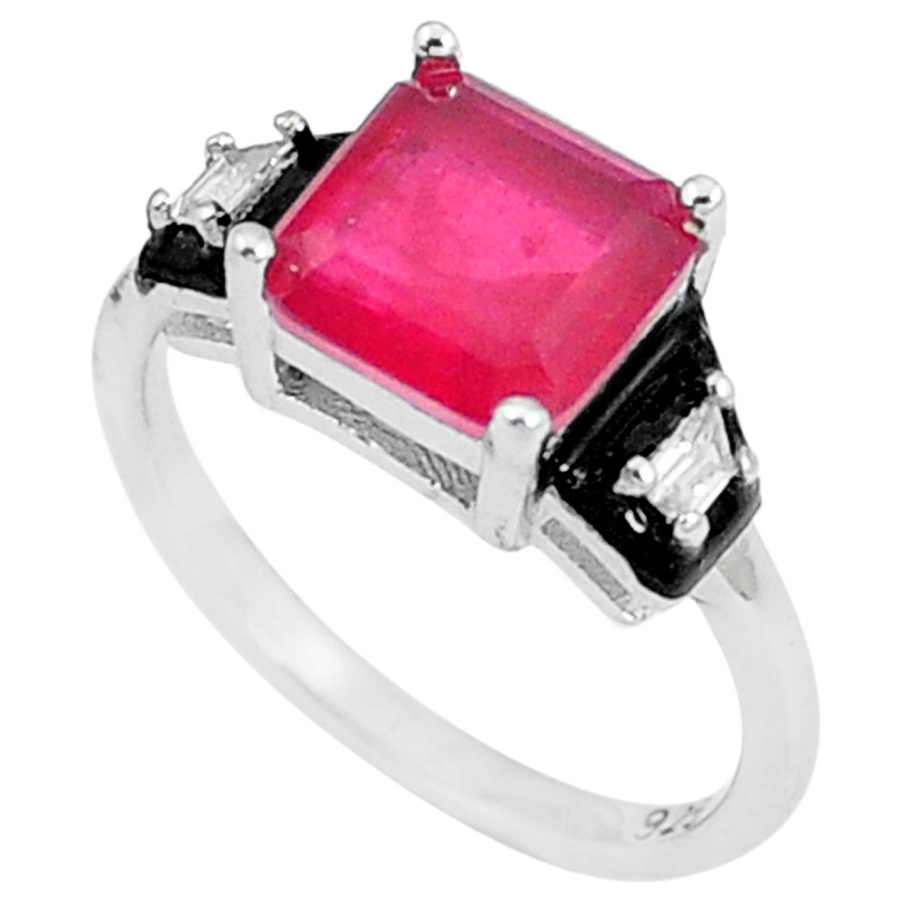 3.62cts red ruby (lab) topaz enamel 925 silver solitaire ring size 6 c23593