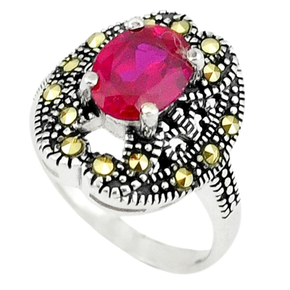 3.13cts red ruby quartz marcasite 925 sterling silver ring size 6.5 c17372