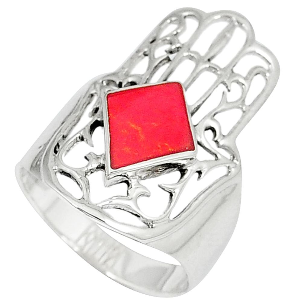 Red sponge coral 925 silver hand of god hamsa ring jewelry size 7.5 c12140