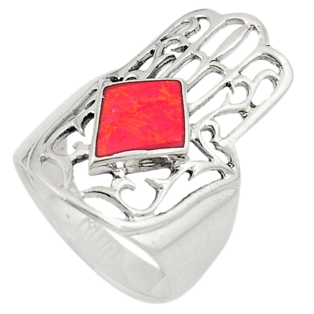 Red sponge coral 925 silver hand of god hamsa ring jewelry size 6.5 c21644