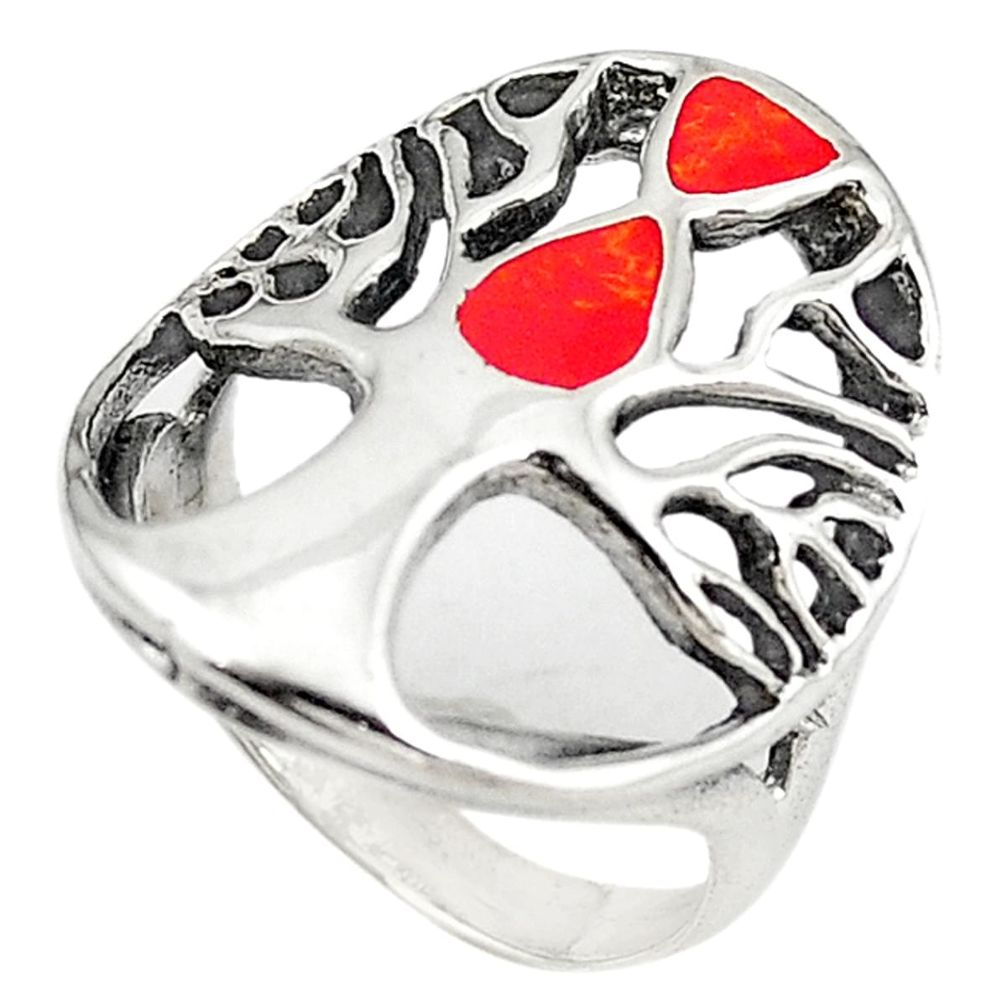 Red sponge coral 925 sterling silver tree of life ring jewelry size 7 c12398