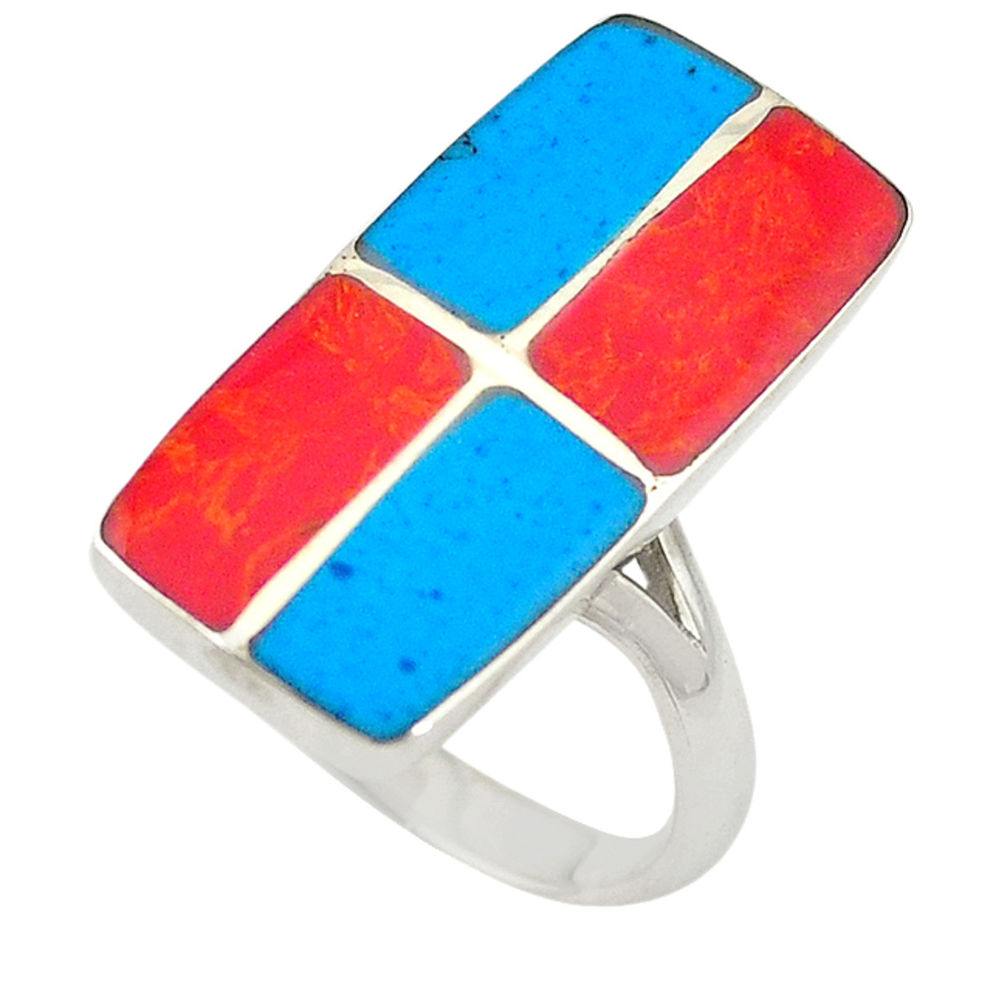 Red sponge coral blue turquoise enamel 925 silver ring size 6 c21941