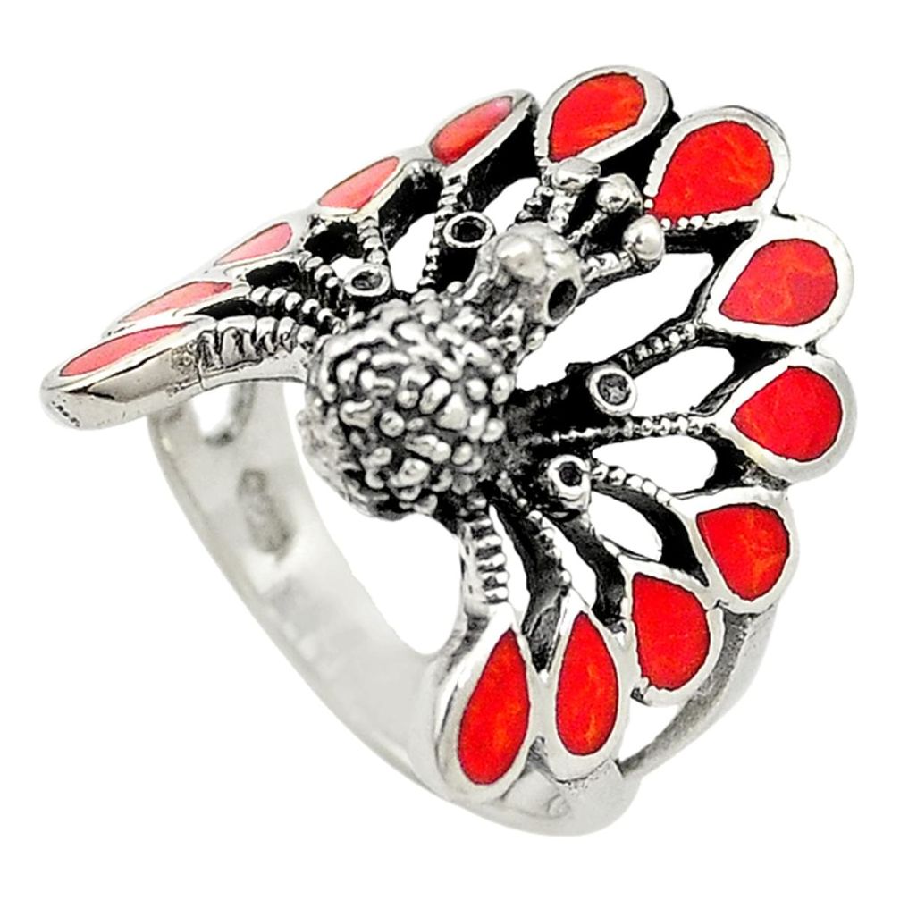 Red sponge coral enamel 925 silver peacock ring jewelry size 7.5 c21659