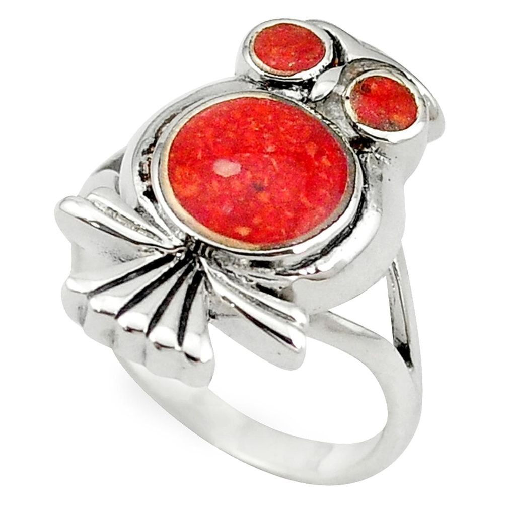 Red sponge coral enamel 925 sterling silver owl ring size 6 a55111 c13475