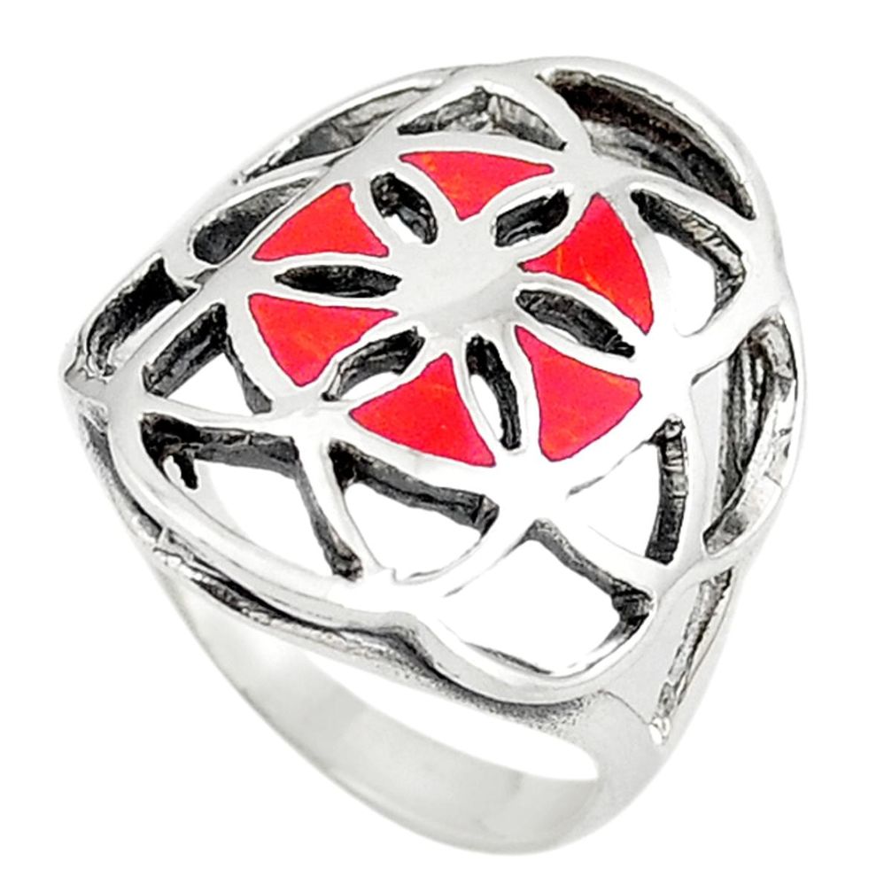Red sponge coral enamel 925 sterling silver ring jewelry size 7 c12150