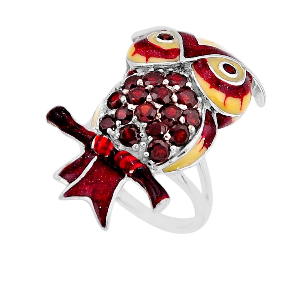 3.95cts red yellow enamel natural red garnet silver owl ring size 8 y65017