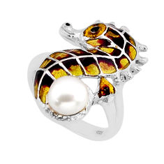 2.77cts red yellow enamel natural white pearl silver dragon ring size 7 y65100