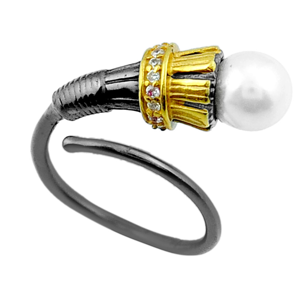 3.30cts rhodium faceted pearl 925 silver gold adjustable ring size 6 y30917