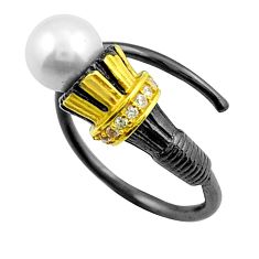 3.31cts rhodium faceted white pearl silver gold adjustable ring size 7 y30918
