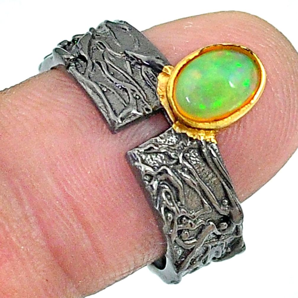 1.31cts rhodium natural ethiopian opal 925 silver 14k gold ring size 7 t10441