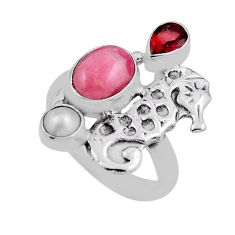 Rhodochrosite inca rose pearl garnet 925 silver seahorse ring size 7.5 n25852