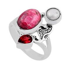 Rhodonite in black manganese garnet pearl silver seahorse ring size 8.5 n23961