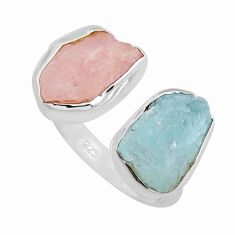 11.08cts rose quartz aquamarine rough 925 silver adjustable ring size 9 y24225