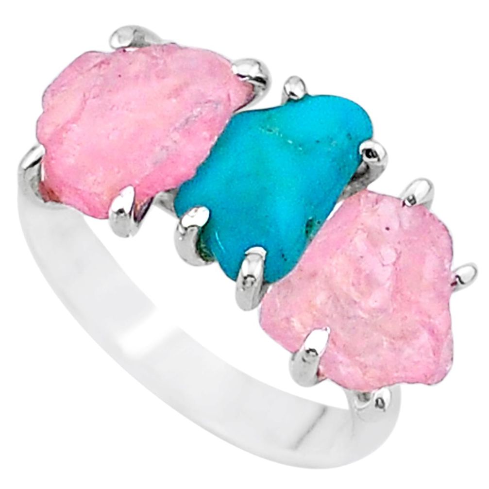 8.73cts rose quartz rough raw turquoise 925 silver ring size 8 t15028