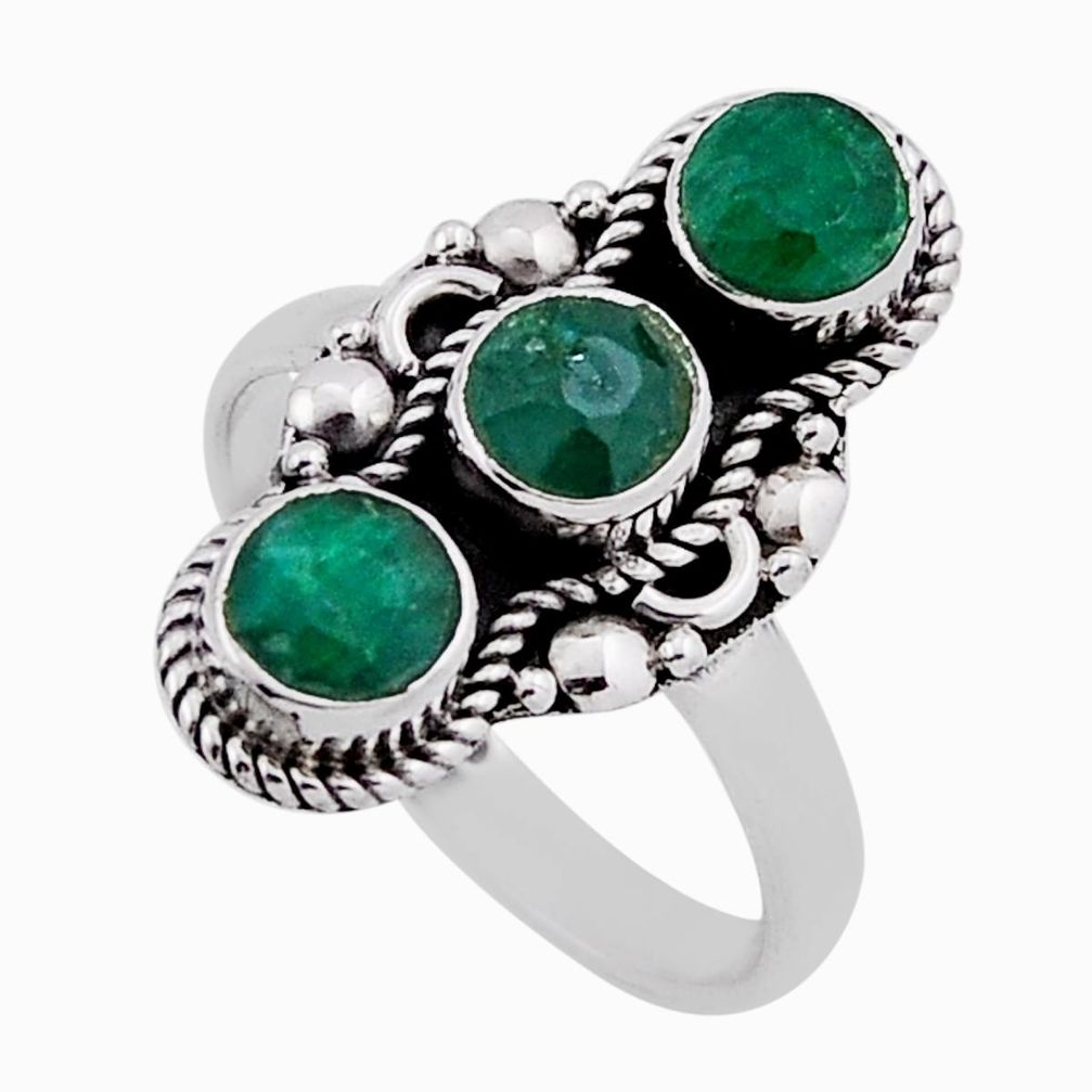Round silver 2.21cts 3 stone natural green emerald ring jewelry size 7 n38763