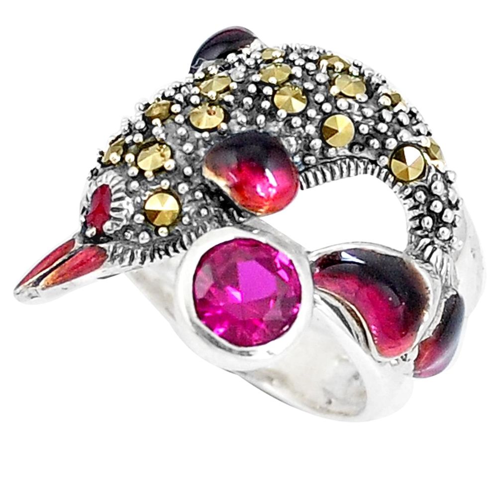 1.58cts ruby (lab) marcasite enamel silver dolphin ring size 5.5 a94181 c16158