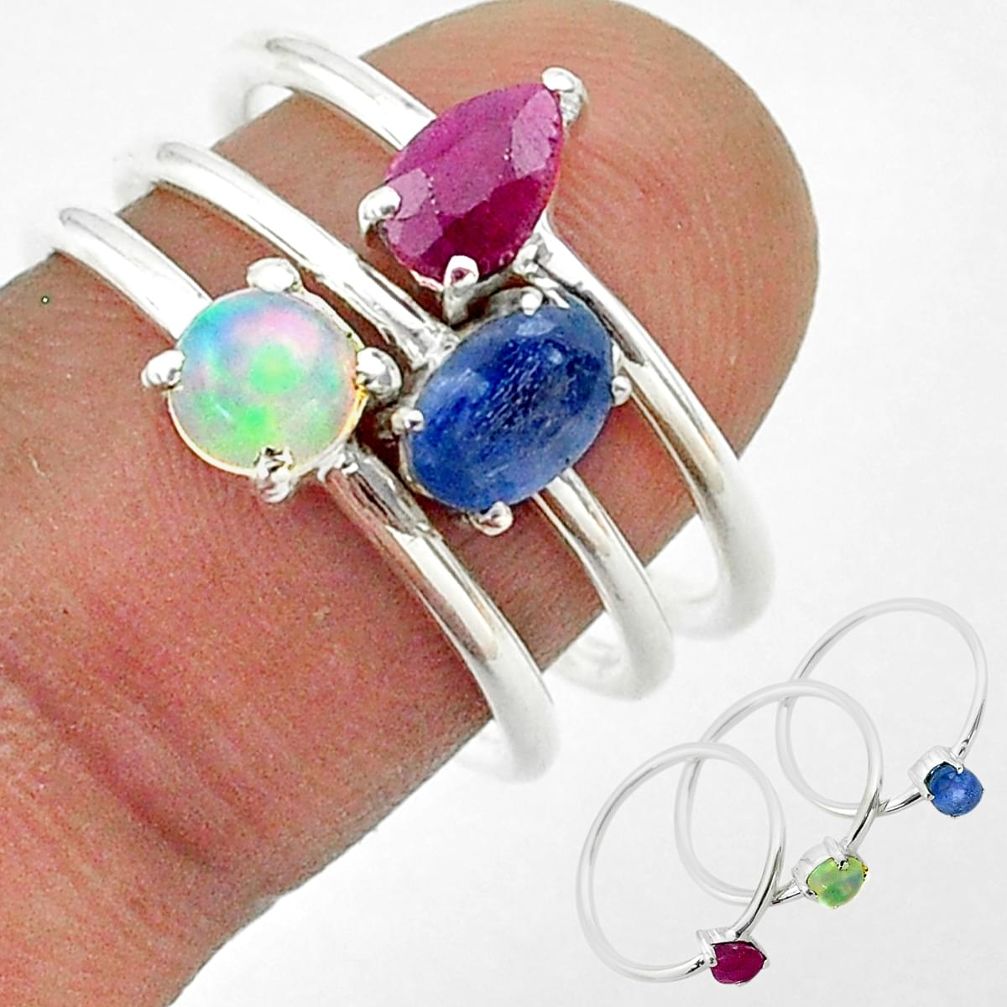 3.25cts sapphire ethiopian opal ruby 925 silver 3 rings jewelry size 6.5 t50921