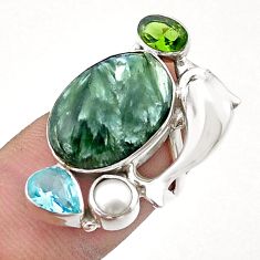 10.53cts seraphinite peridot pearl topaz 925 silver dolphin ring size 6 d47695
