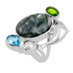 10.99cts seraphinite peridot topaz pearl 925 silver dolphin ring size 6 n25858