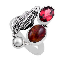 6.35cts shell brown pietersite garnet pearl 925 silver fish ring size 7.5 n25863