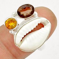 Silver 8.75cts 3 stone natural shell smoky topaz citrine ring size 7.5 u84170