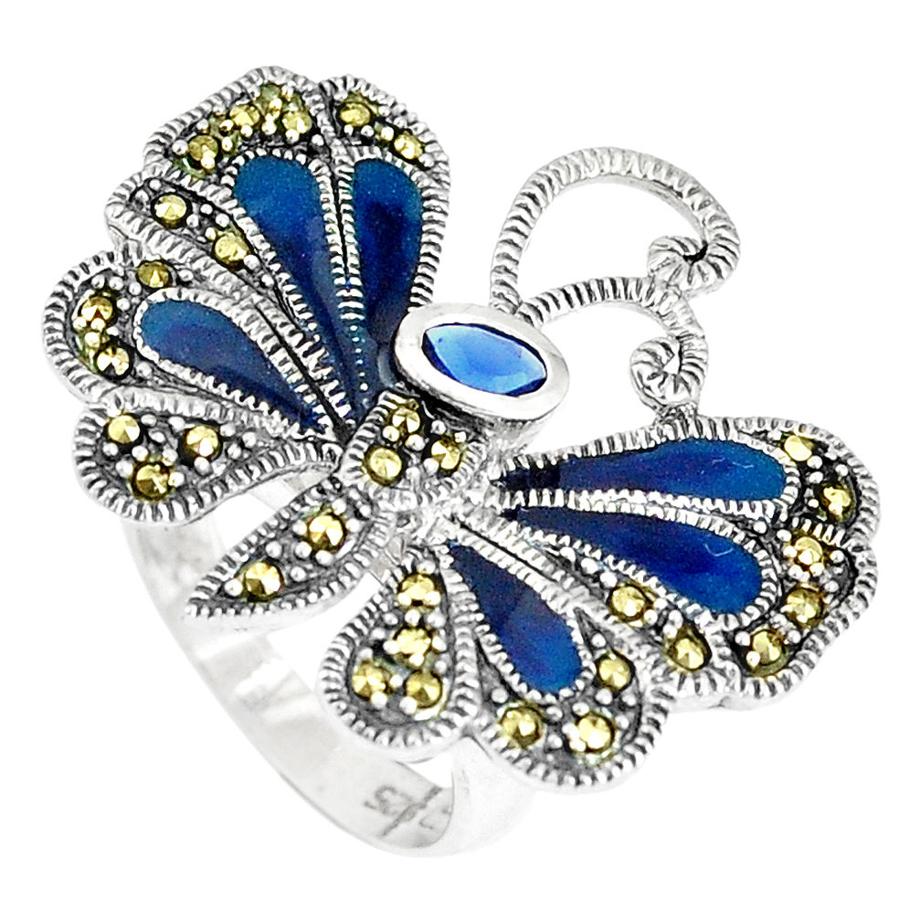 925 silver blue sapphire (lab) marcasite enamel butterfly ring size 7 c16285