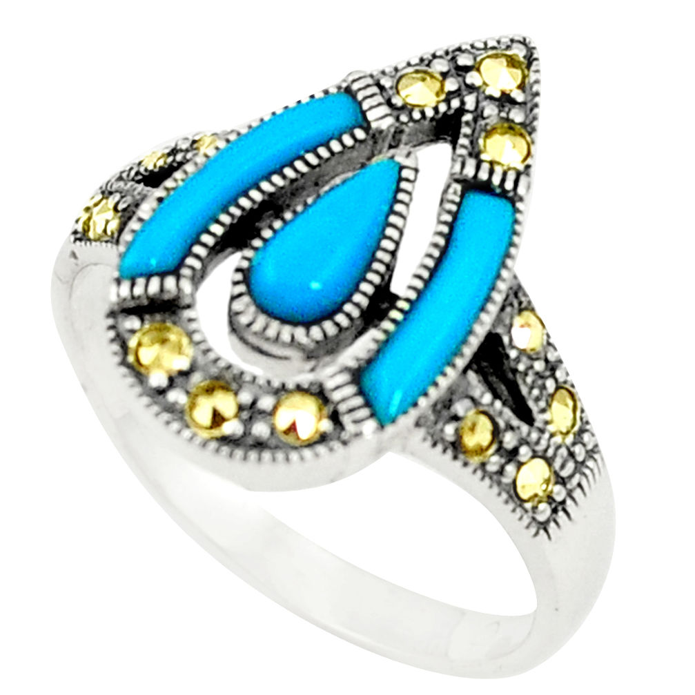 925 silver blue sleeping beauty turquoise fine marcasite ring size 6.5 c17558