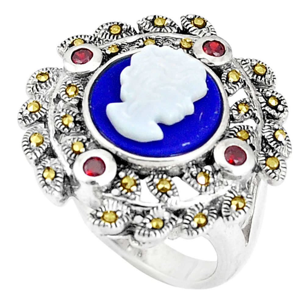 925 silver natural blue lapis lazuli pearl enamel lady face ring size 7.5 c16056