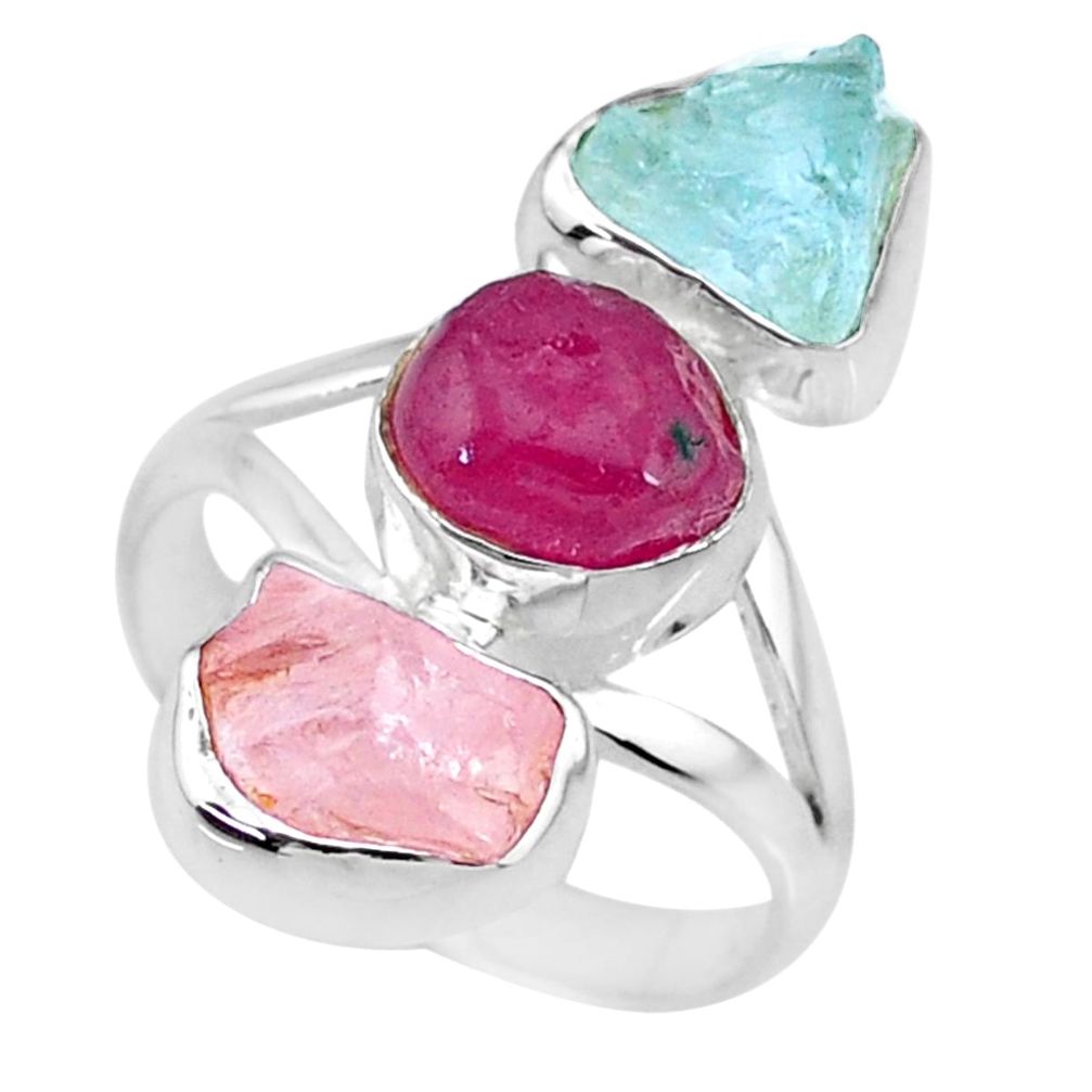 Silver 13.77cts natural ruby aquamarine rose quartz raw ring size 8 r73780