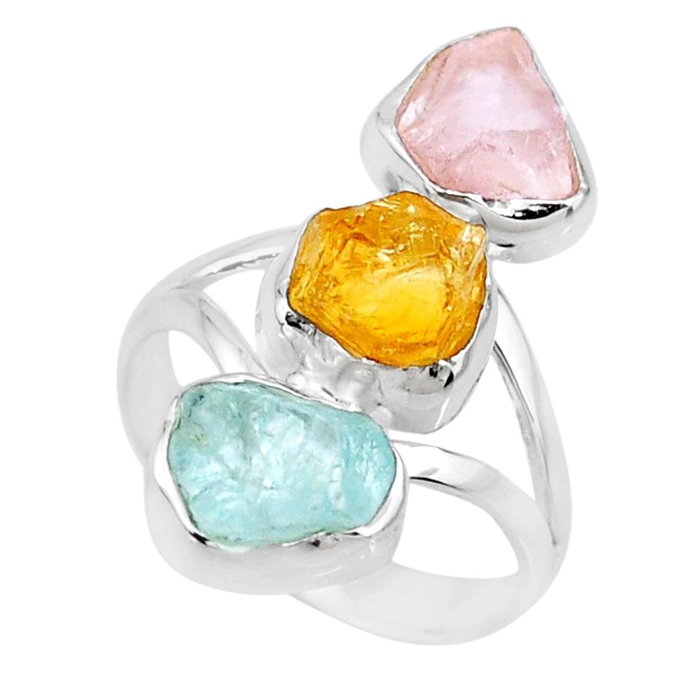 Silver 12.06cts raw citrine aquamarine rose quartz raw ring size 8 r73756