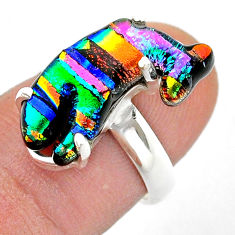 Silver 7.72cts solitaire multi color dichroic glass fish ring size 6.5 u57709