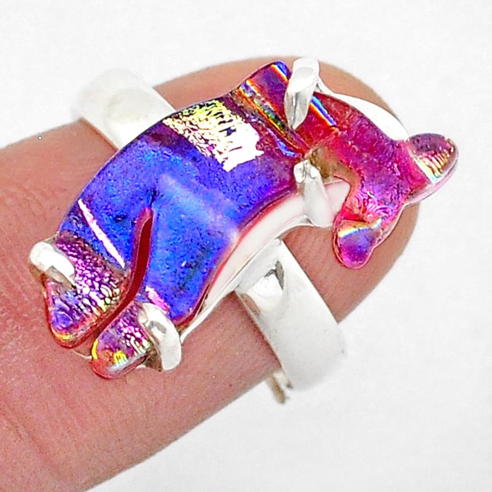 Silver 8.53cts solitaire multi color dichroic glass fish ring size 6.5 u57711