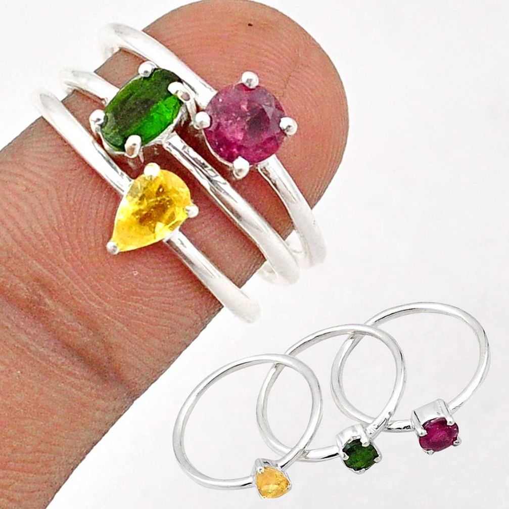 Silver 3.13cts stackable red green yellow tourmaline 3 rings size 7.5 t87030