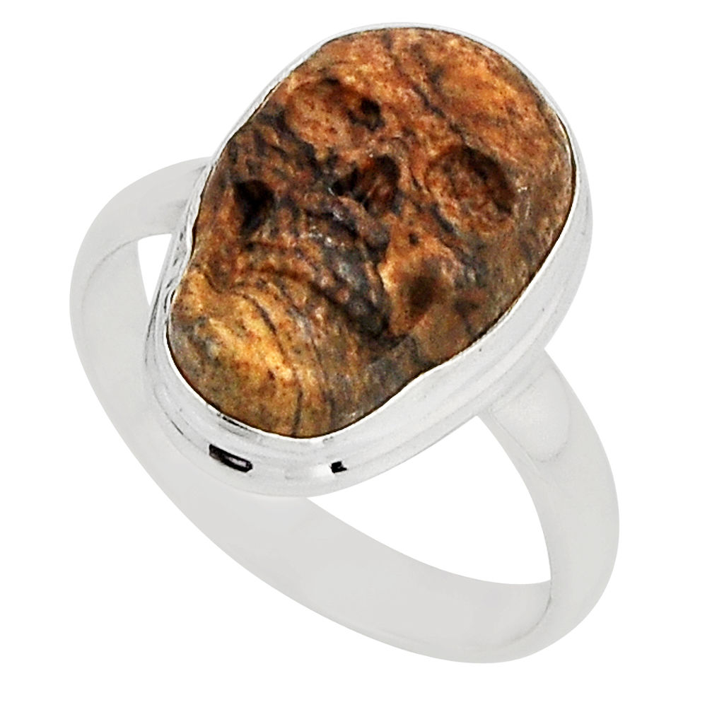 9.61cts skull natural brown picture jasper fancy 925 silver ring size 9.5 n6665