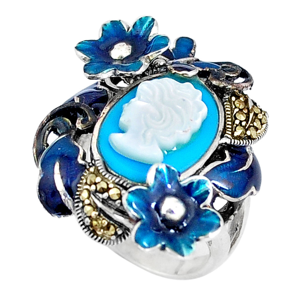 Blue sleeping beauty turquoise lady face 925 silver flower ring size 6.5 c16234