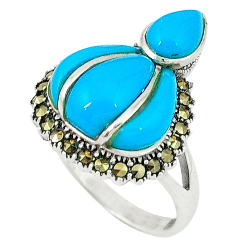 5.75cts blue sleeping beauty turquoise marcasite 925 silver ring size 6 c18735
