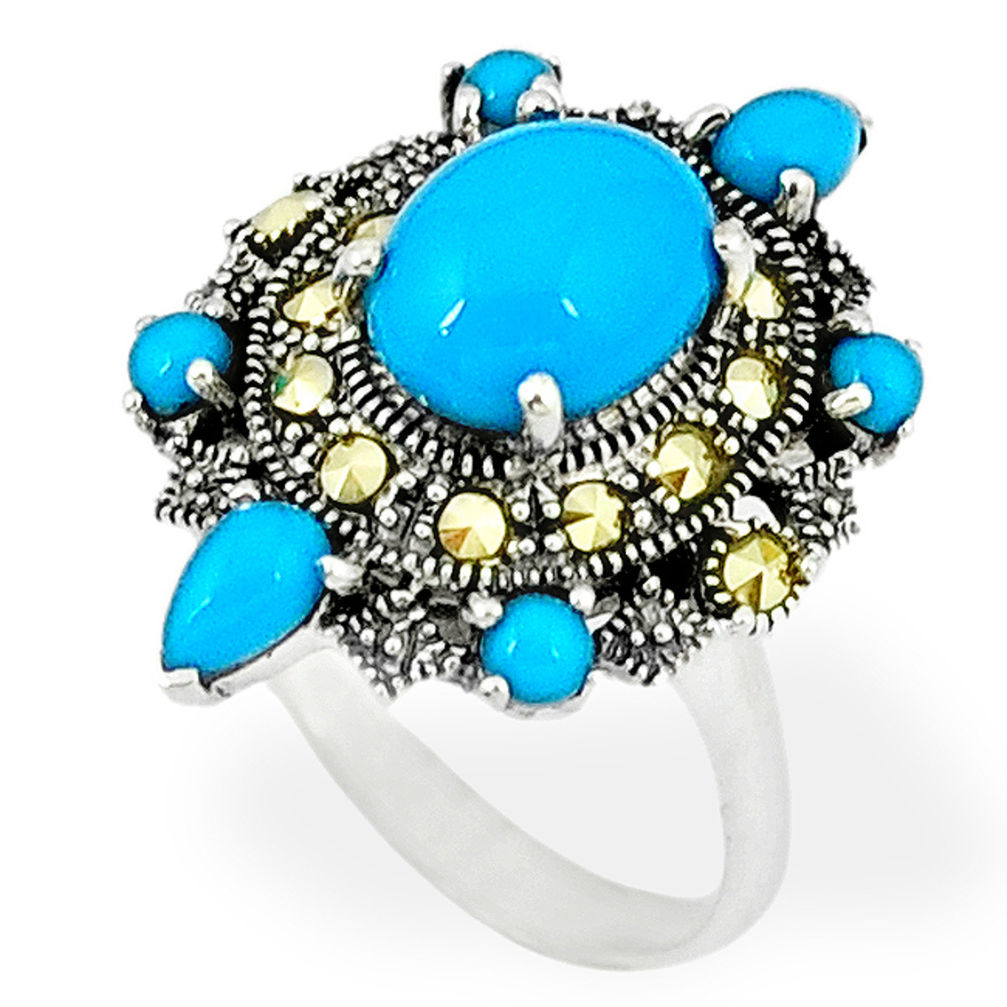 5.27cts blue sleeping beauty turquoise marcasite 925 silver ring size 6 c18540